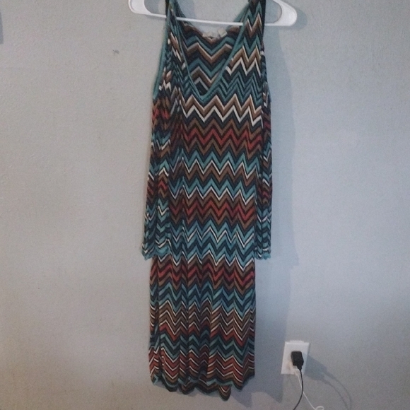 Cato Chevron Midi Dress in Teal, Brown, and Cream - Picture 1 of 4
